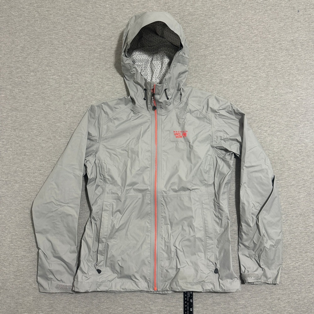 Mountain Hardwear Womens M Plasmic Geo Rain Jacket Dry.Q EVAP Hooded Gray Coral